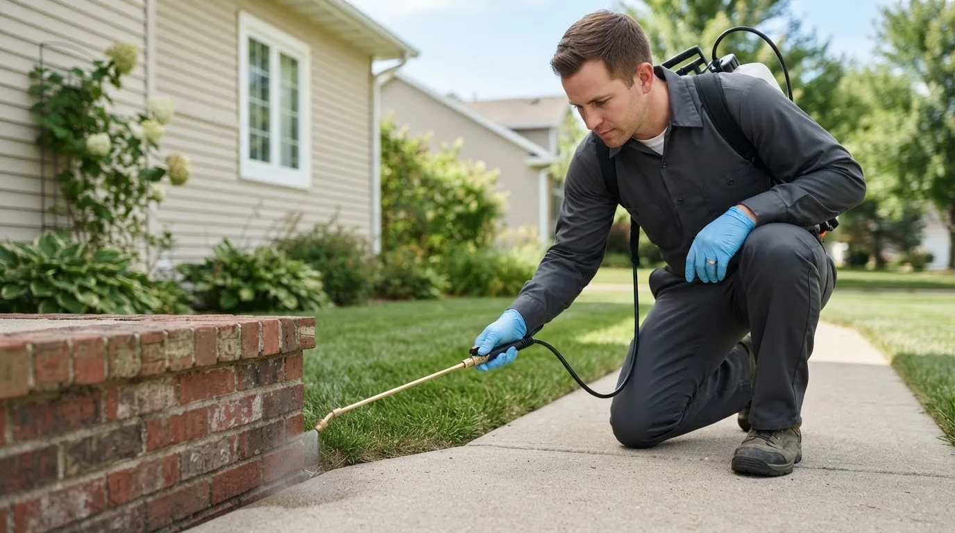 Pest control technician treating a home near East Bridgewater, MA