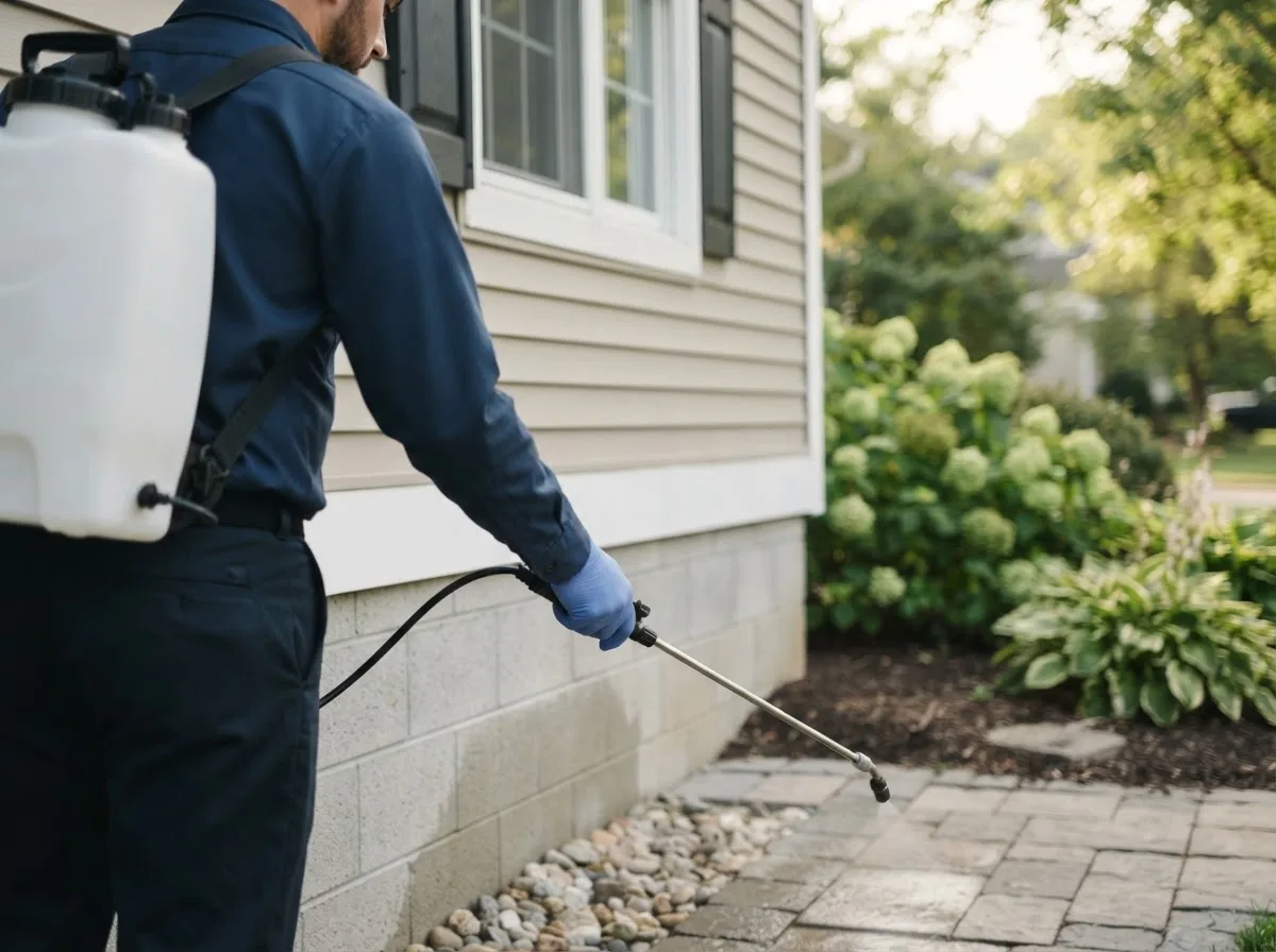 Pest control technician inspecting a home in East Bridgewater, MA